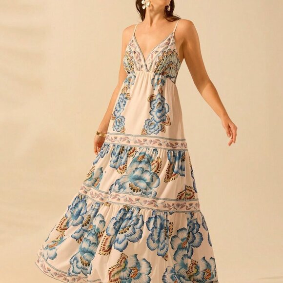 Multicolor Boho Women's Tropical Print V-Neck Long Camisole Dress Beach Dress - Picture 5 of 8